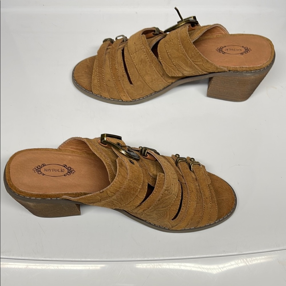 JoyFolie Tan Heeled Mules with Chunky Heel Sandals Size 10